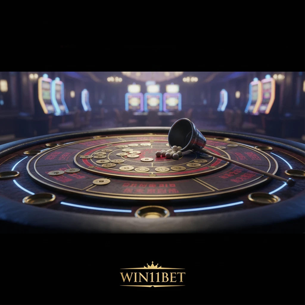 Banner Win11bet untuk artikel cara bermain Fantan dengan desain kasino modern dan elemen fantan tradisional