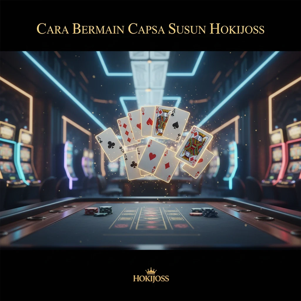 Banner Hokijoss untuk artikel cara bermain Capsa Susun dengan ilustrasi kartu remi di meja kasino modern