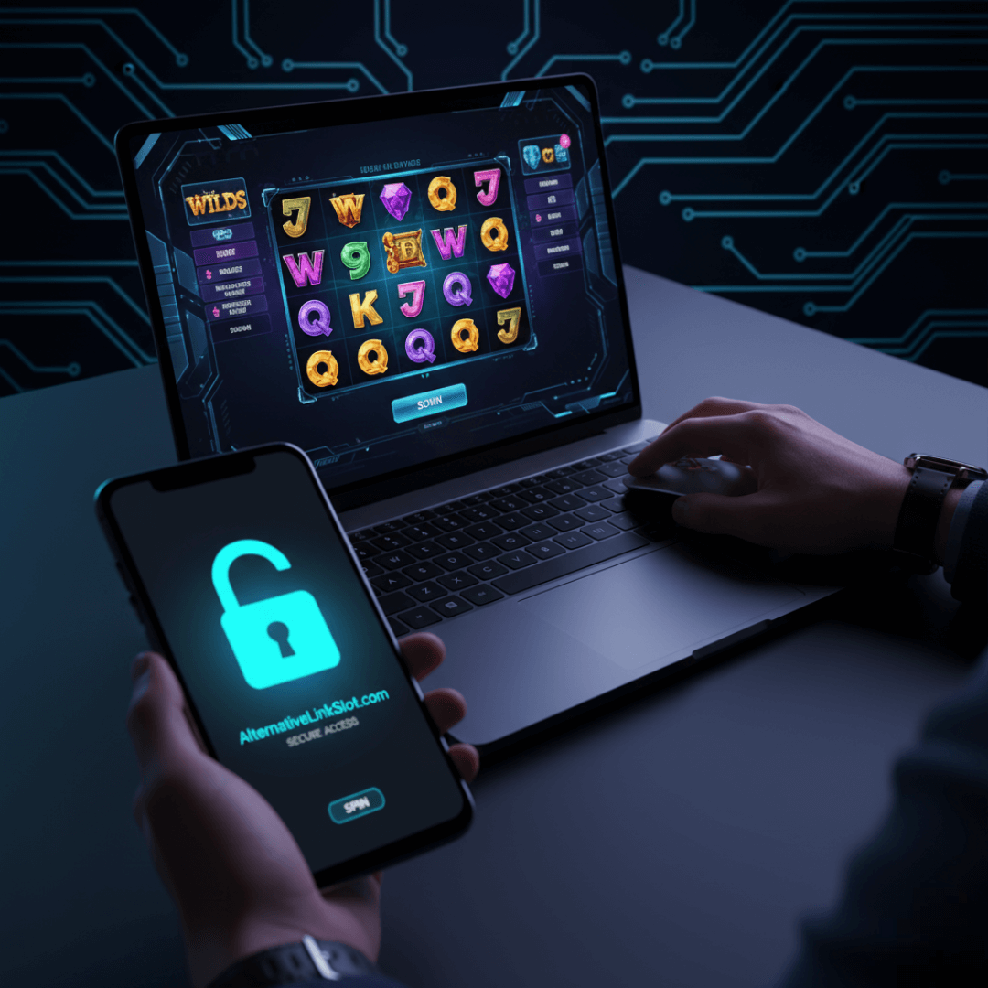 Tangan pemain profesional mengklik mouse di laptop dengan game slot, dengan smartphone yang menampilkan ikon link alternatif aman.