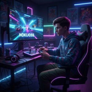 Gamer seru bermain turnamen arcade online di Hokijoss dengan efek neon futuristik, persaingan intens, dan leaderboard global.