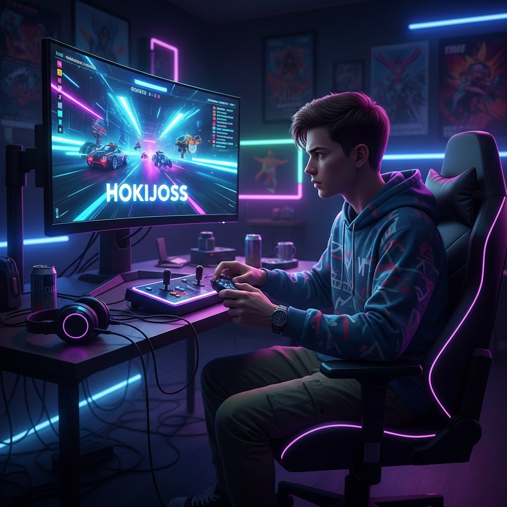Gamer seru bermain turnamen arcade online di Hokijoss dengan efek neon futuristik, persaingan intens, dan leaderboard global.